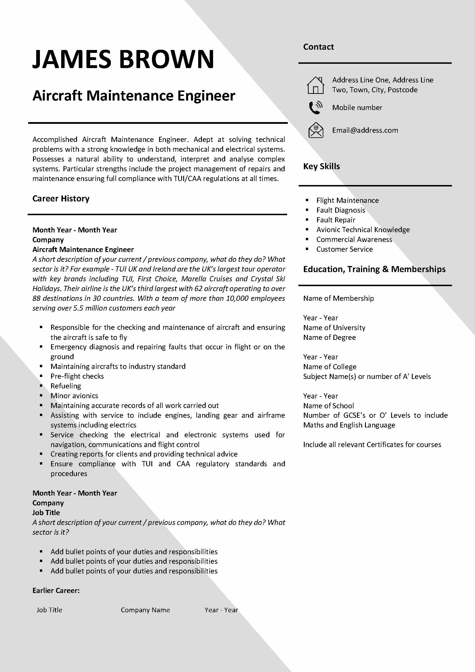 Aircraft Maintenance Engineer CV Template My Professional CV